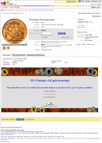 sparkrider  eBay Listing for 1913 George V Gold Full Sovereign